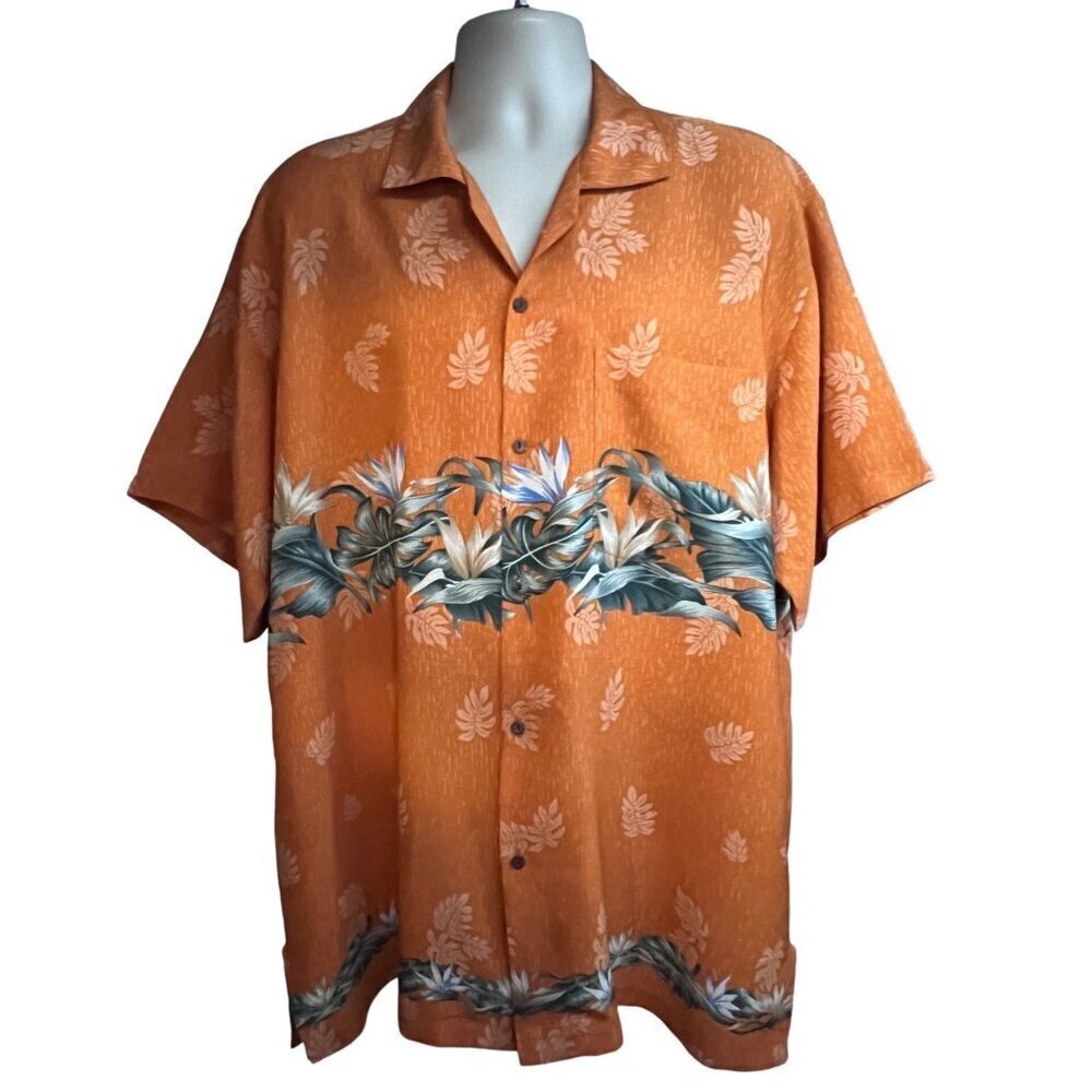 Bali Mens Vintage Orange Floral Hawaiian Aloha Button Up Shirt 2XL Pocket